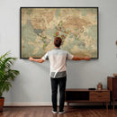 World Map Wall Art Canvas Print, Rustic Map Print, Framed