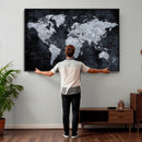 Black World Map Canvas Print – Detailed Map for Couples and