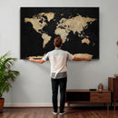 Beige World Map Canvas Wall Art Print, Minimal Black and
