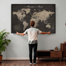 Custom World Map with Pins Canvas Wall Art Dark Charcoal
