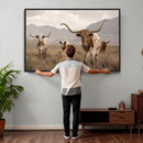 Rustic Texas Longhorn Cow Canvas Wall Art Print, Rustic Farm Animal Photography Print, Farmhouse Country Decor, Western Ranch Art