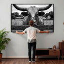 Black White Texas Longhorn Bull Canvas Wall Art, Western Ranch Cattle Photography Print, Rustic Farmhouse Cowboy Decor Artwork