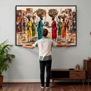 African Folk Art Canvas Wall Art, Colorful African Women Village Painting Print, Tribal Ethnic Home Decor, Vibrant African Art, Living Room