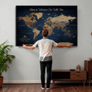 Framed Custom World Map Canvas Print - Deep Blue World Map