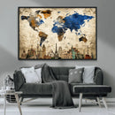 World Map Canvas Print – Vintage Blue and Gold World Map