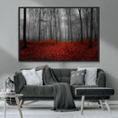 Red Forest Floor Canvas Wall Art – Mystical Foggy Woodland