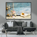 Seashells on Rustic Wooden Background, Seashells Wall Art