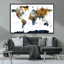 Modern Abstract World Map Canvas Wall Art – Framed Blue and