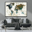 Vintage World Map Wall Art Canvas Print, Framed Rustic Earth