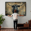 Texas Longhorn Bull Wall Art – Framed Rustic Cow Canvas
