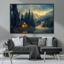 Mountain Cabin by the Lake at Sunset Wall Art - Serene