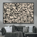 Abstract Love and Chaos Canvas Print, Black Symbols on Beige