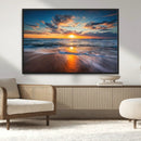 Sunset on the Ocean Beach with Waves, Reflections on Sand,