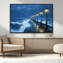 Stormy Ocean Pier Lights Canvas Wall Art Print - Large Moody