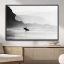 Surfer Beach Wall Art – Framed Black White Ocean Canvas