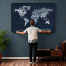 Blue Detailed World Map Wall Art Canvas Print, Modern Framed