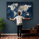 Large Blue World Map Wall Art Canvas Print for Home Office