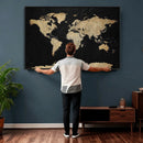 Beige World Map Canvas Wall Art Print, Minimal Black and