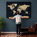 Dark World Map Canvas Wall Art Print, Minimal Black and Gold