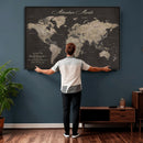 Custom World Map with Pins Canvas Wall Art Dark Charcoal