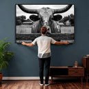 Black White Texas Longhorn Bull Canvas Wall Art, Western Ranch Cattle Photography Print, Rustic Farmhouse Cowboy Decor Artwork
