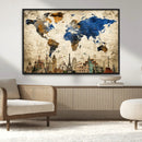 World Map Canvas Print – Vintage Blue and Gold World Map