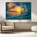 Ocean Wave Sunset Wall Art | Large Coastal Wave Canvas Print