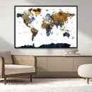 Modern Abstract World Map Canvas Wall Art – Framed Blue and