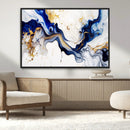 Golden Cascades on Midnight Blue – Deep Blue Abstract Wall