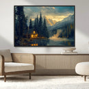 Mountain Cabin by the Lake at Sunset Wall Art - Serene