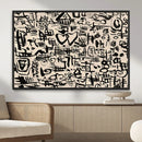Abstract Love and Chaos Canvas Print, Black Symbols on Beige