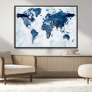 Modern Blue World Map Canvas Print – Framed Wall Art,