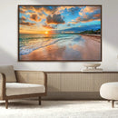 Sunset Ocean Waves on Tropical Beach, 3-Panel Giclee Canvas