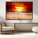Red Sunset Ocean Beach Canvas Wall Art Beach Canvas, Coastal
