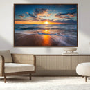 Sunset on the Ocean Beach with Waves, Reflections on Sand,