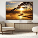Golden Tropical Beach Sunset Canvas Triptych, Coastal Palm