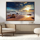 Golden Hour Beach Sunset Canvas Triptych, Ocean Waves and