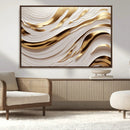 Gold and White Abstract Wave Canvas – Elegant Flowing Design