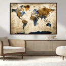 World Map Wall Art – Antique Style Blue and Brown Map Canvas