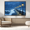 Stormy Ocean Pier Lights Canvas Wall Art Print - Large Moody