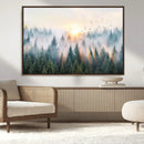 Misty Pine Forest Wall Art Canvas, Sunrise Over Foggy Trees