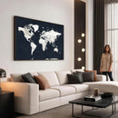 Black World Map Wall Art Canvas Print for Home Office and