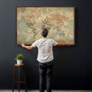 World Map Wall Art Canvas Print, Rustic Map Print, Framed