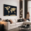 Dark World Map Canvas Wall Art Print, Minimal Black and Gold