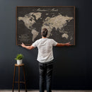 Custom World Map with Pins Canvas Wall Art Dark Charcoal