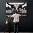 Black White Texas Longhorn Bull Canvas Wall Art, Western Ranch Cattle Photography Print, Rustic Farmhouse Cowboy Decor Artwork