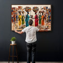 African Folk Art Canvas Wall Art, Colorful African Women Village Painting Print, Tribal Ethnic Home Decor, Vibrant African Art, Living Room