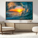 Ocean Wave Sunset Wall Art | Large Coastal Wave Canvas Print