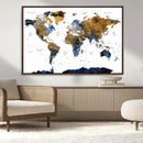 Modern Abstract World Map Canvas Wall Art – Framed Blue and