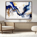 Golden Cascades on Midnight Blue – Deep Blue Abstract Wall